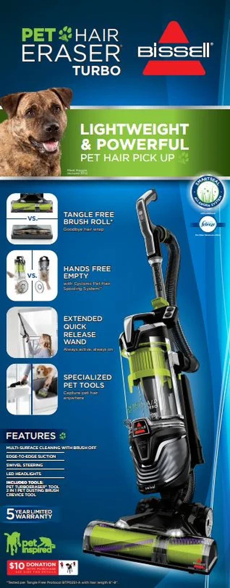 Upright Vacuum, Pet Hair Eraser Turbo Pet Friendly, Bagless, Hard Floor and Carpet, with Tangle Free Brush Roll, Extension Wand, 2475, Grey